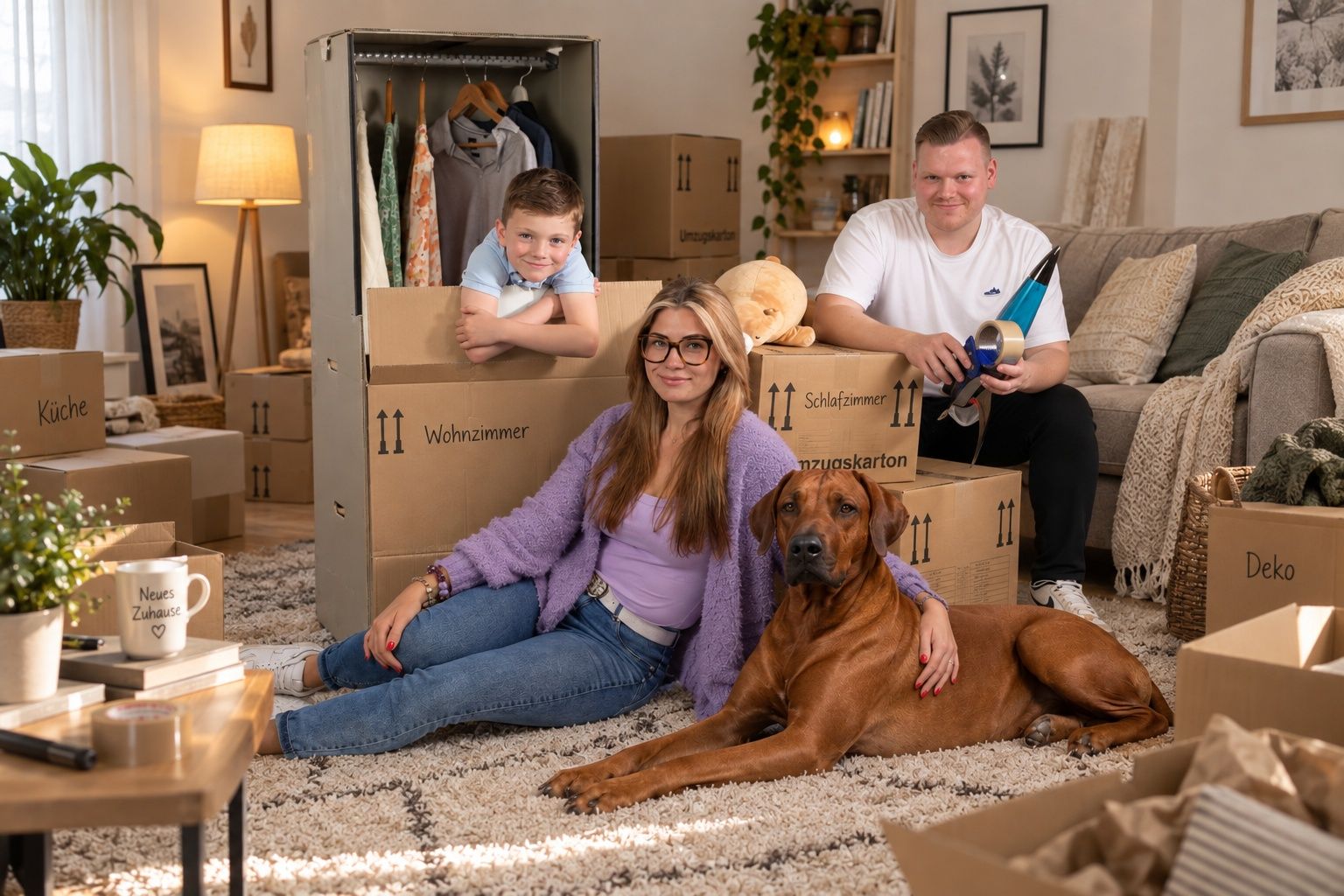 Familie mit Hund zwischen Umzugskartons und einer Kleiderbox im Wohnzimmer