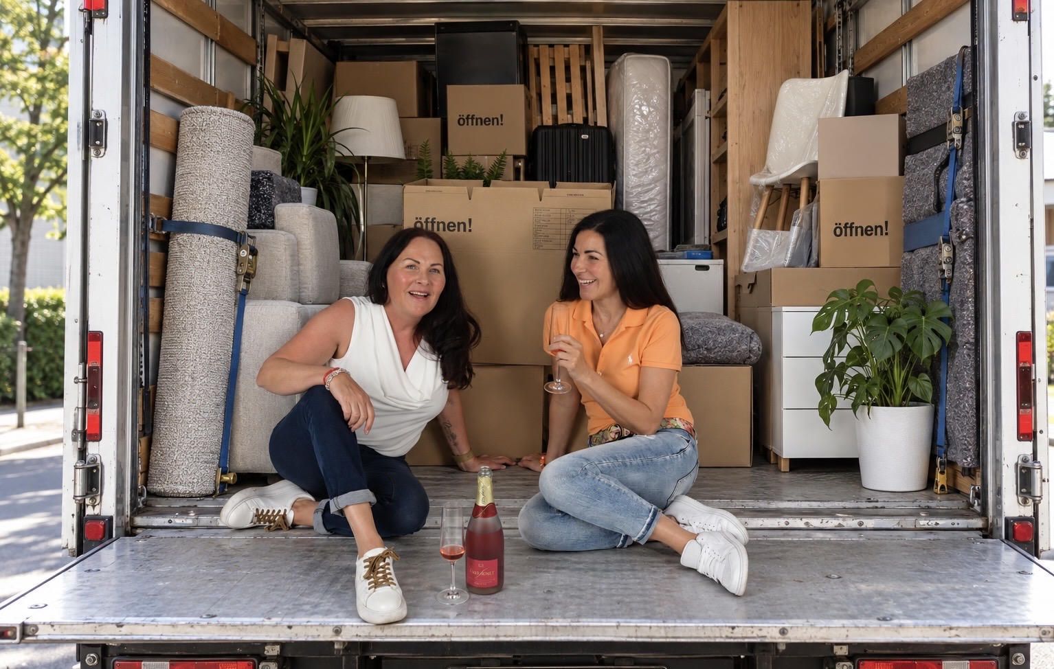 Zwei Frauen auf der Ladefläche eines mit Möbeln und Kartons beladenen Umzugswagens